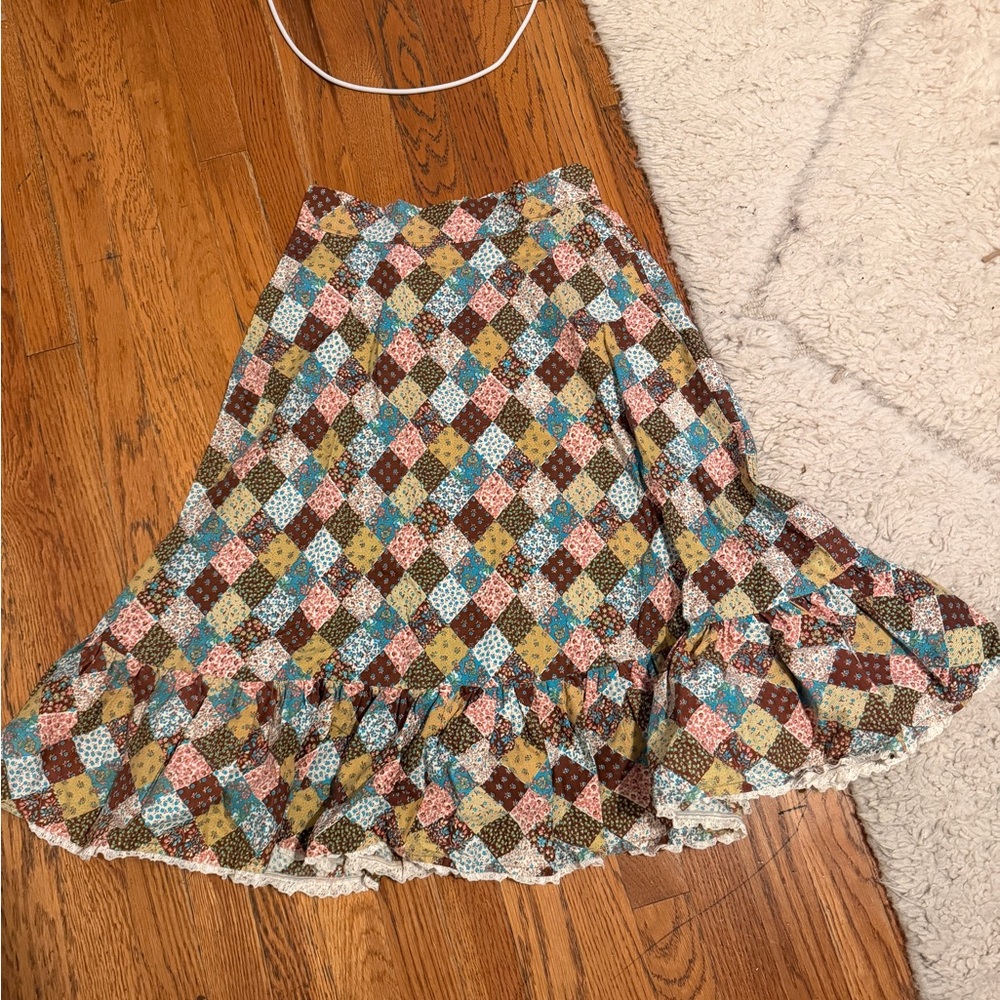 1970 Patchwork Diamond Ruffle Midi Skirt in Brown, Blue & Pink